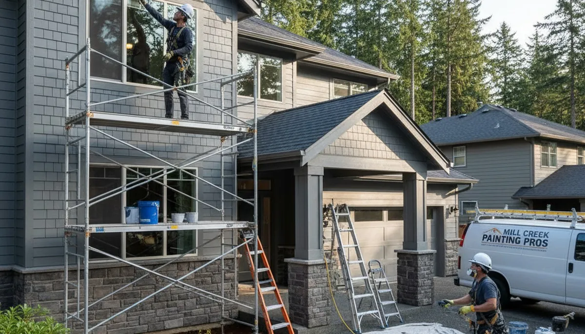 Seattle, WA painting contractor team preparing a residential exterior paint project